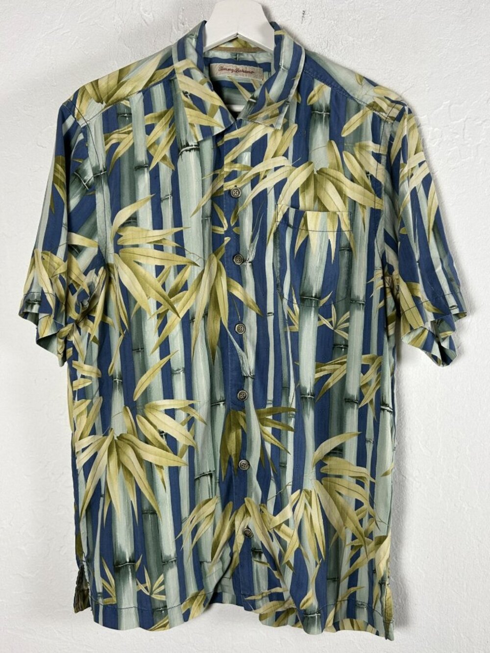 Tommy Bahama Mens Blue Bamboo Tree Camp Shirt Medium Casual Beach 100% Silk